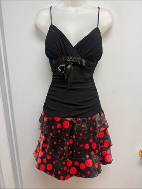 Vintage Y2K Black & Red Polka Dot Ruffle Mini Dress Retro Pinup Party Dress